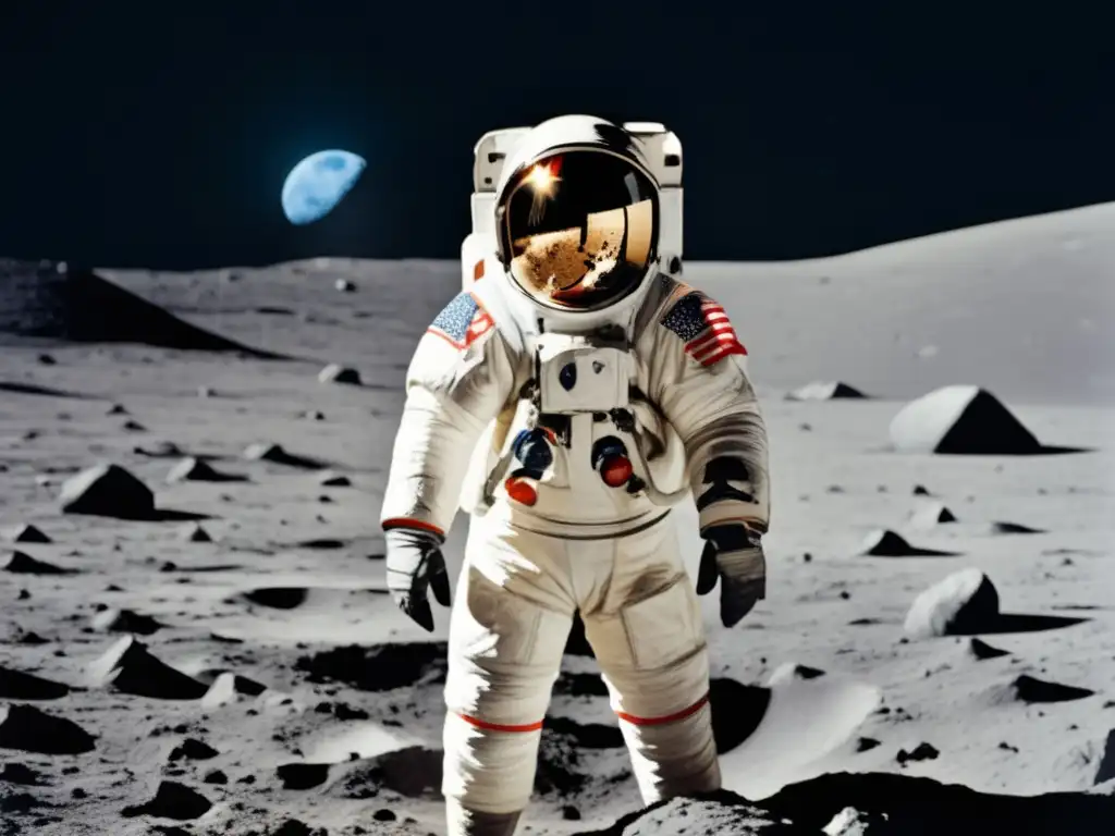 Neil Armstrong en la luna: paisaje lunar detallado, traje espacial, bandera americana y reflexión de la Tierra