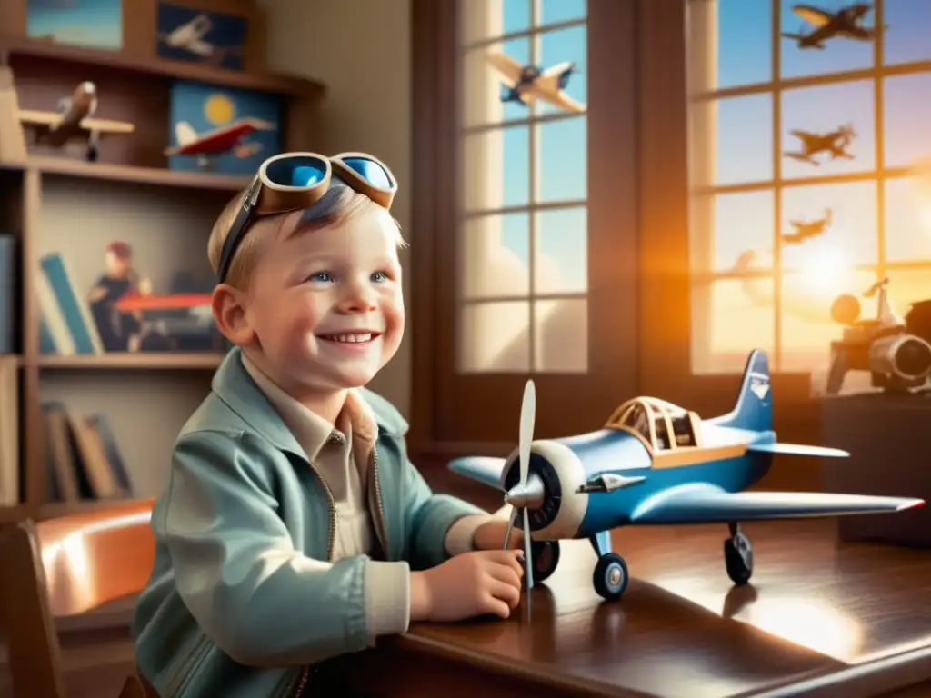 Neil Armstrong de niño, rodeado de juguetes y libros de aviación, con una sonrisa y un modelo de avión en sus manos