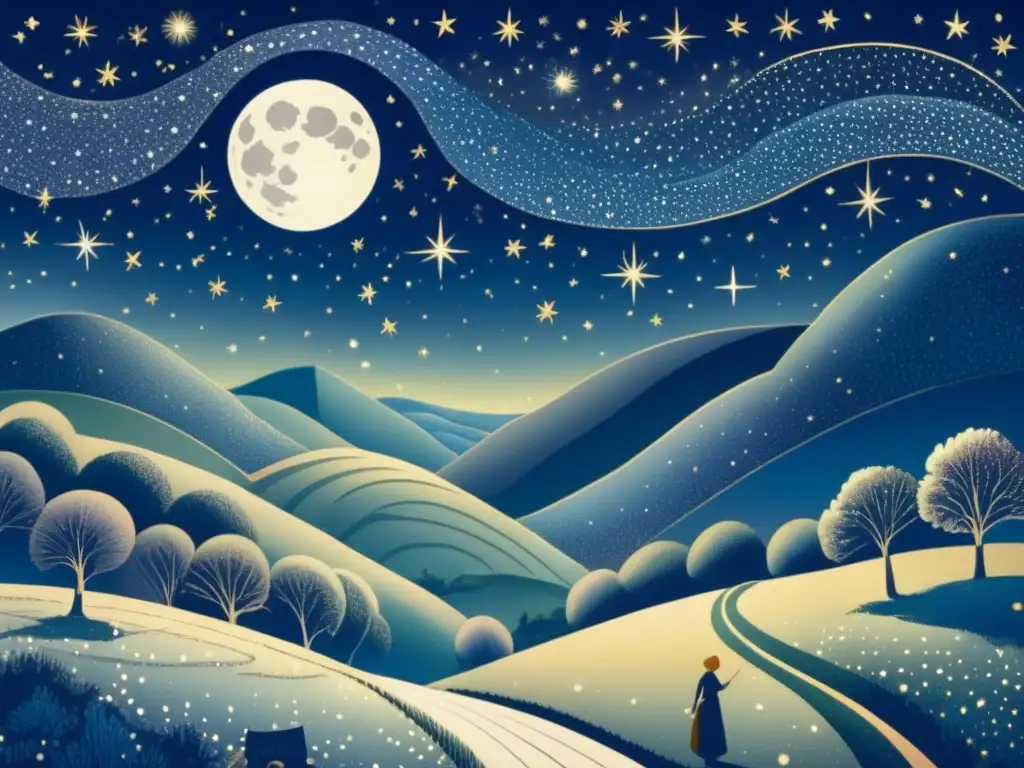 Ilustración vintage de un cielo nocturno con estrellas brillantes, luna llena y paisaje campestre