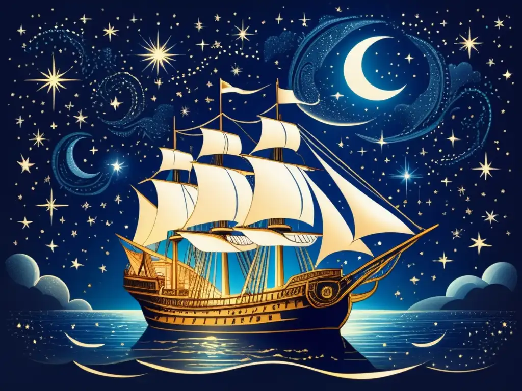 Ilustración vintage de una noche estrellada con nave y navegación estelar