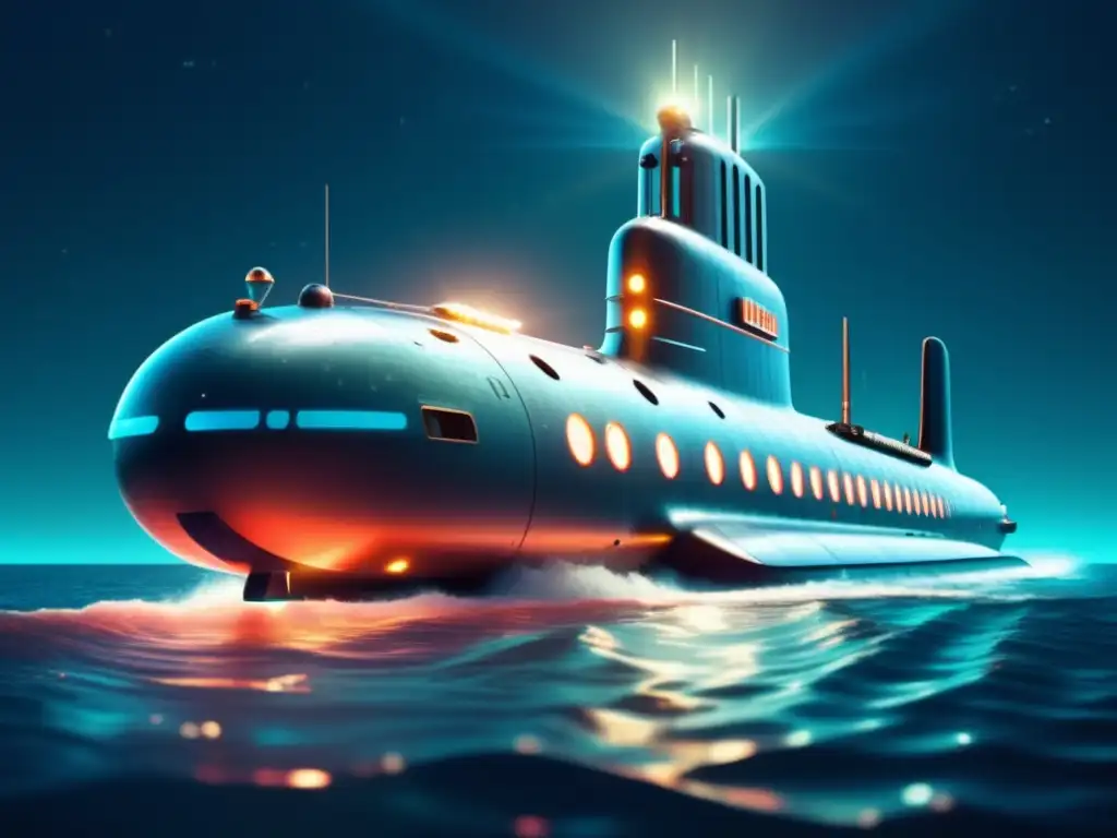 Submarino nuclear futurista surcando el océano Submarino nuclear: Futuro transporte subacuático con vida marina y coral vibrante