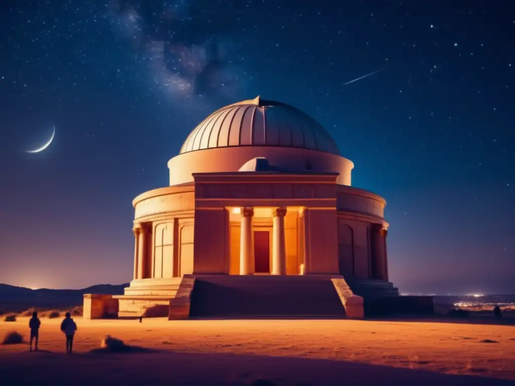 Antigua observatorio nocturno, astrónomos antiguos observando el cielo estrellado con instrumentos - Astronomía en la antigüedad