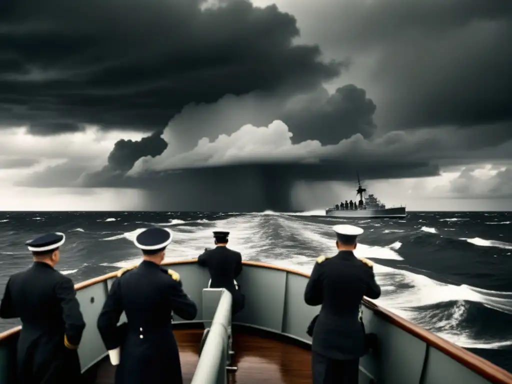 Búsqueda y localización de la Bismarck Búsqueda de la Bismarck: foto en blanco y negro con marineros de la Royal Navy buscando en el mar tormentoso (110 caracteres)