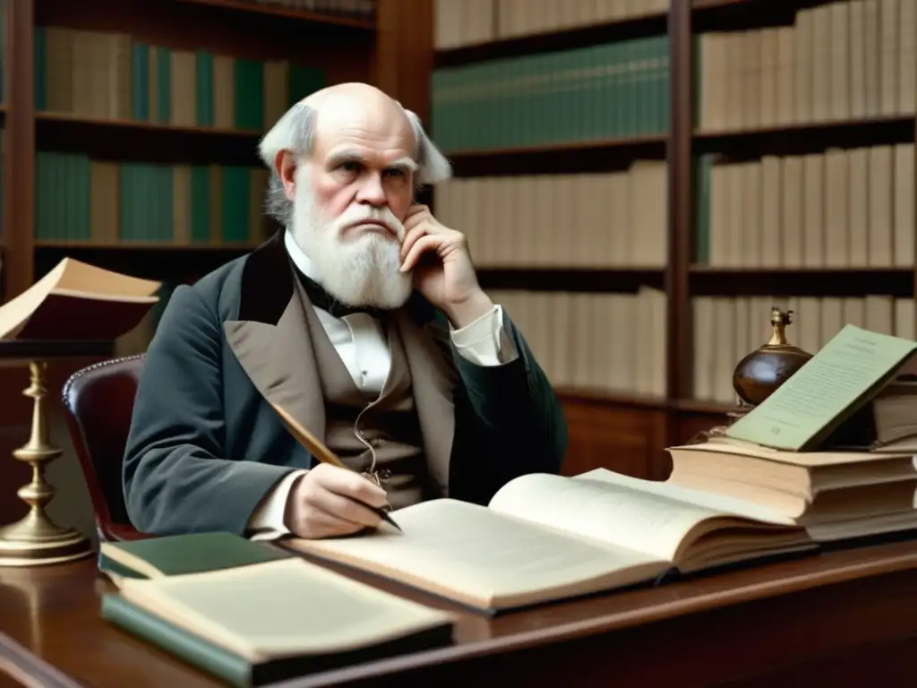 Charles Darwin en su estudio, inmerso en la escritura y rodeado de libros, evoca la curiosidad y exploración intelectual