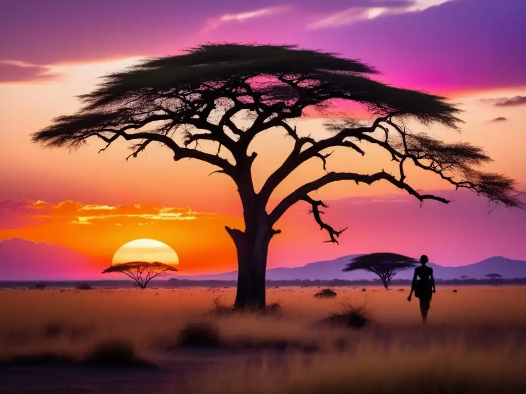 Paisaje africano al atardecer con exploradores en África