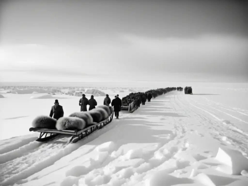 Fotografía en blanco y negro del paisaje ártico, muestra exploradores en expediciones en el Ártico