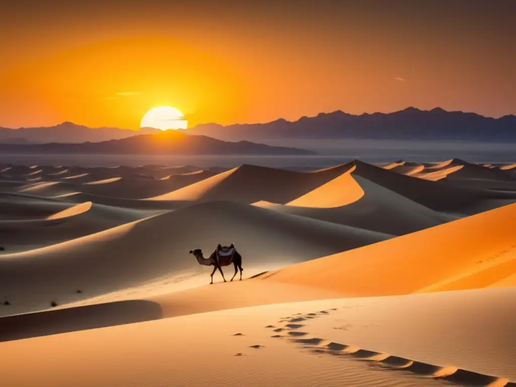 Paisaje del desierto y caravana de camellos en la Ruta del Hajj