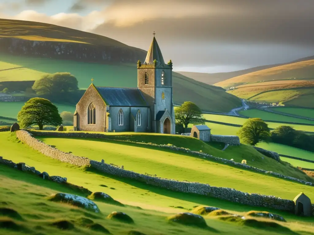 Paisaje irlandés dorado con iglesia de piedra y cruces celtas, evocando la trascendental misión de San Patricio