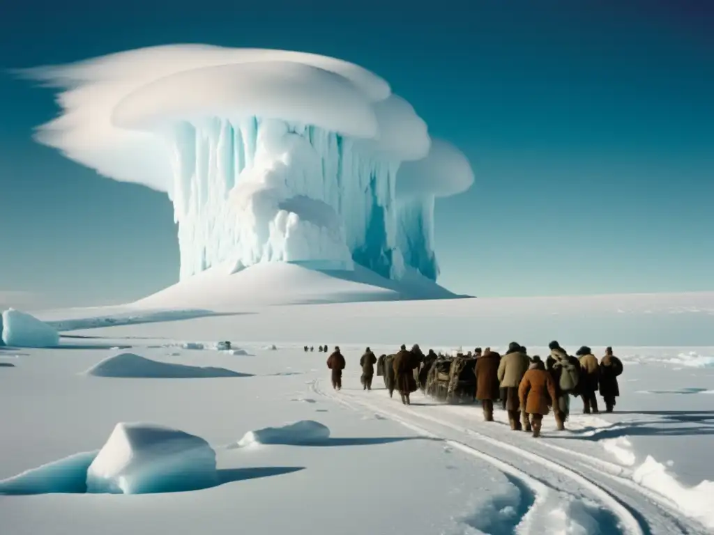 Foto de la travesía de Shackleton al Polo Sur: paisaje helado, exploradores con trineo y condiciones desafiantes