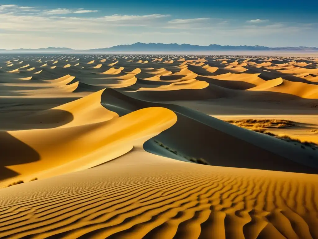 Expedición Desierto de Gobi: paisaje desolado y vasto con dunas doradas y un solitario caravana de camellos