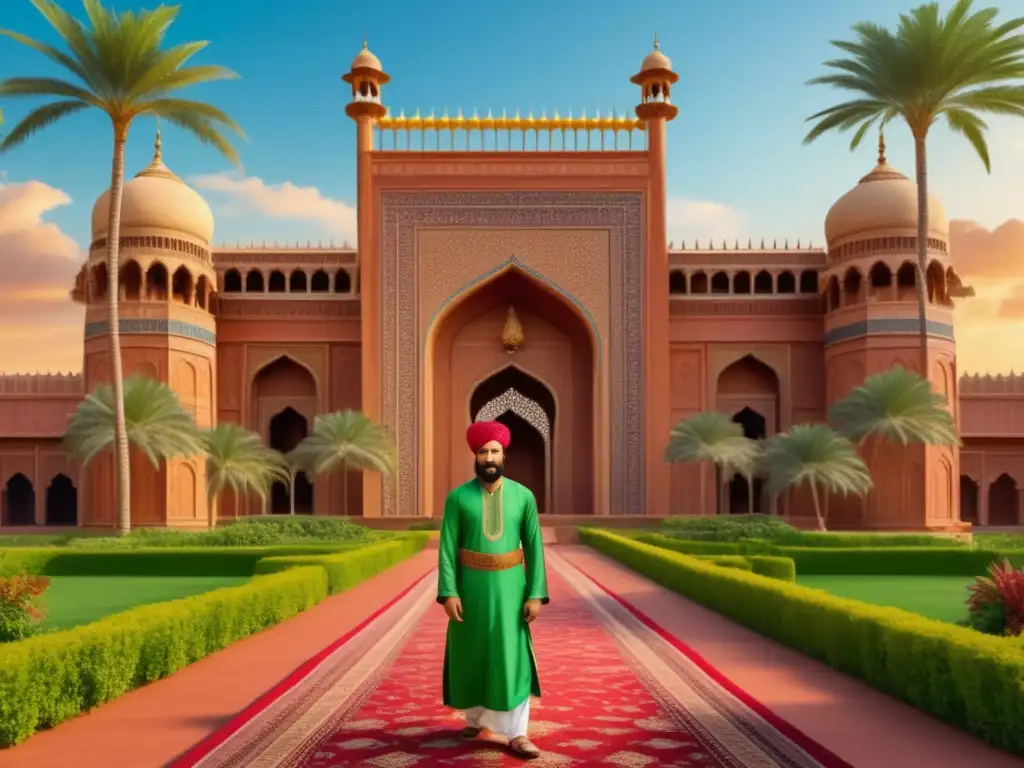 La fascinante vida de Ibn Battuta: El Marco Polo musulmán, frente al majestuoso palacio indio, rodeado de comerciantes y exuberante paisaje verde