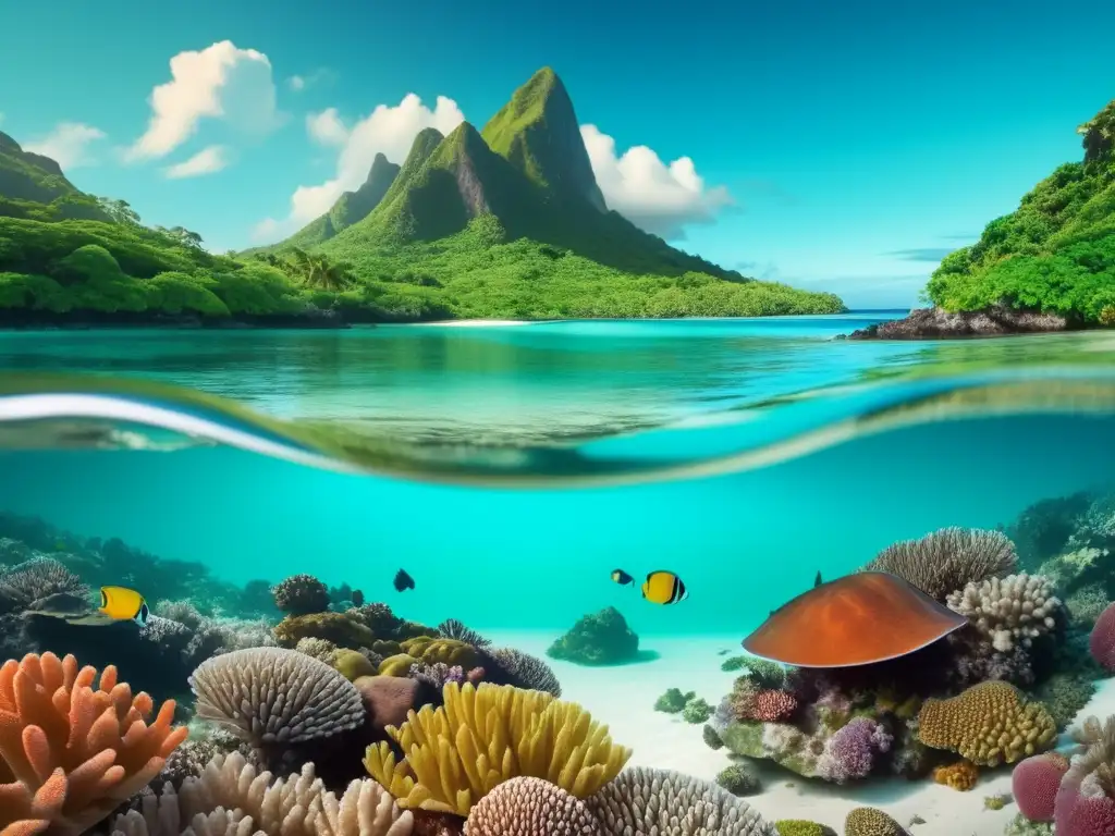 Paisaje virgen de una isla remota rodeada de aguas turquesas, con arrecifes de coral coloridos y vida marina vibrante