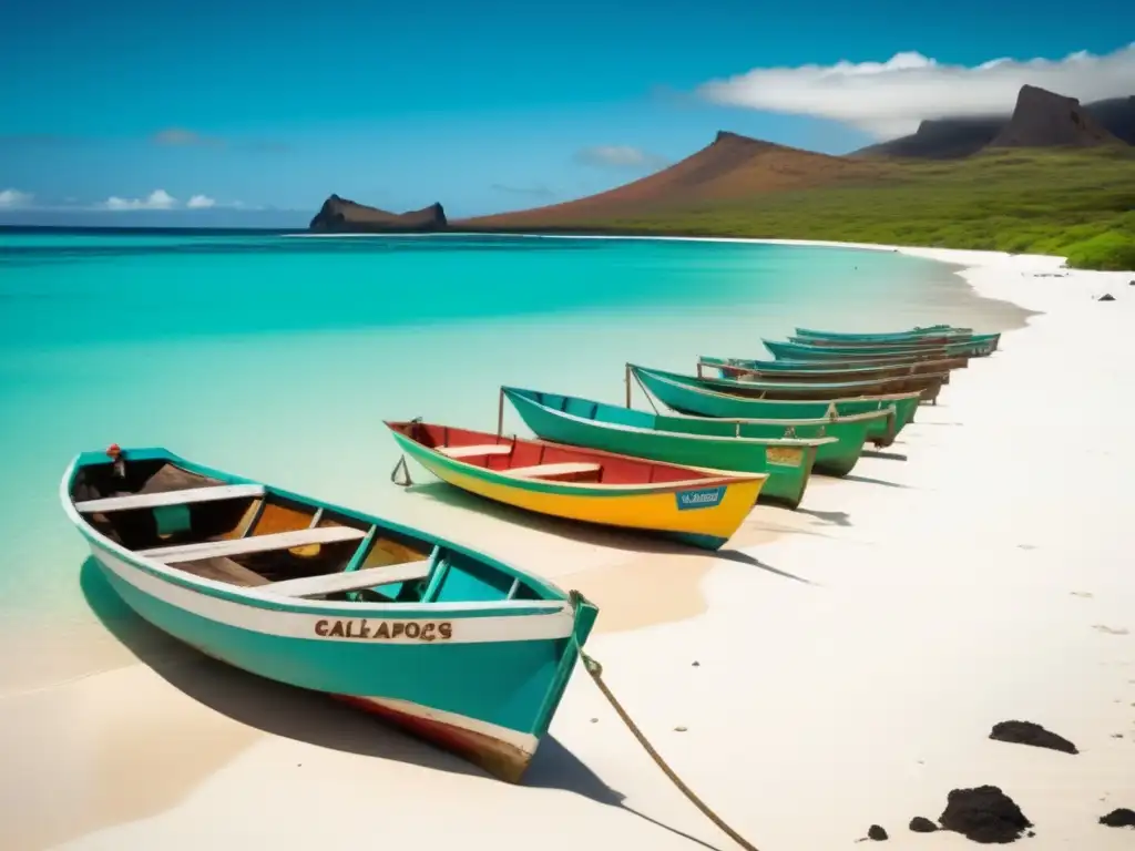 Playa serena en Islas Galápagos con aguas turquesas, botes de pesca coloridos y paisaje verde exuberante