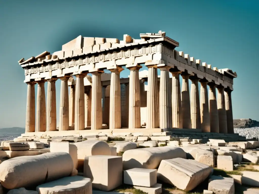 Fotografía del Parthenon, templo icónico de la antigua Grecia con detalles detallados y filtro vintage