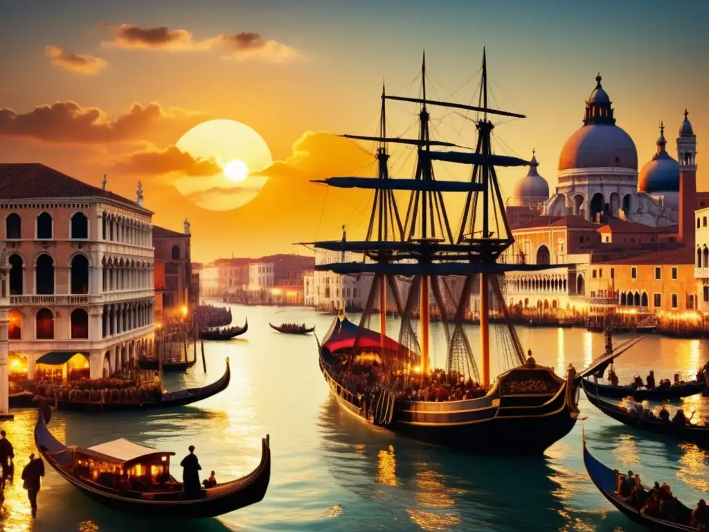 Epopeya de Marco Polo: Galeón zarpando desde Venecia, con la icónica Rialto Bridge y el atardecer dorado de fondo