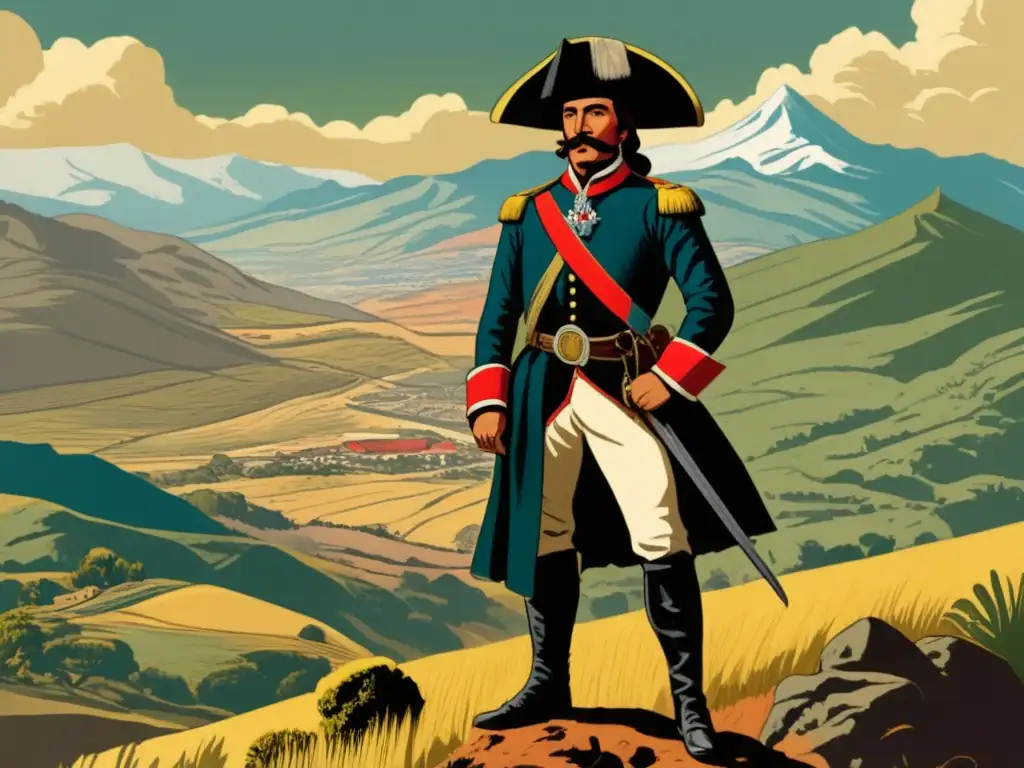 Pedro de Valdivia, conquistador de Chile, en ilustración vintage frente a paisaje chileno con indígenas Mapuche