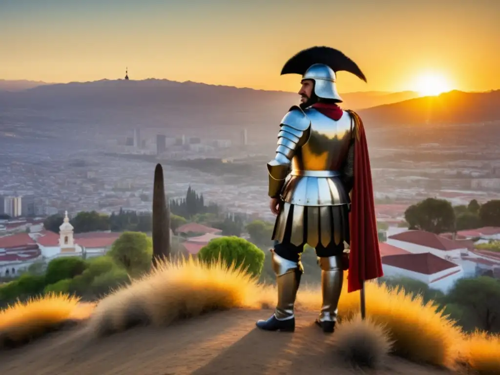 Pedro de Valdivia, conquistador de Chile, mirando la ciudad de Santiago al atardecer