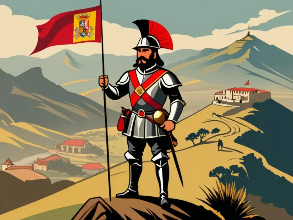 Ilustración vintage de Pedro de Valdivia, conquistador español, en paisaje chileno