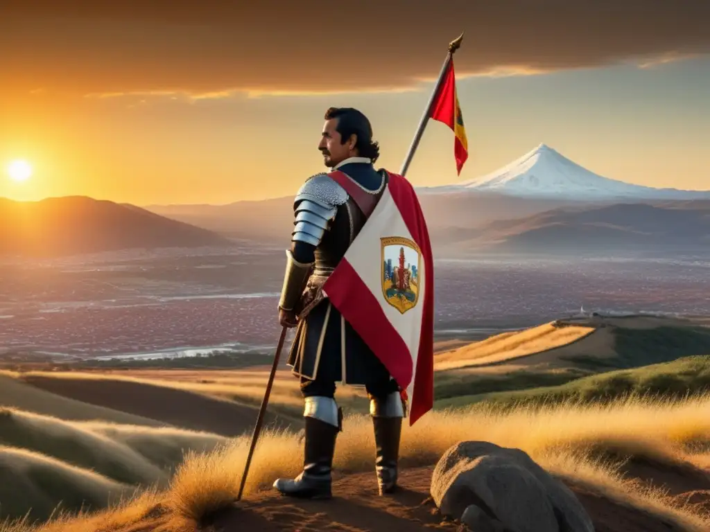 Pedro de Valdivia en paisaje chileno, con armadura conquistadora, bandera española y visión de Santiago