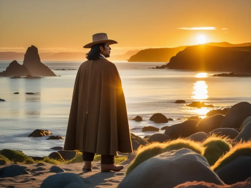 Pedro de Valdivia, descubrimiento de Chile en la costa rocosa al atardecer, con los Mapuche y el océano como testigos