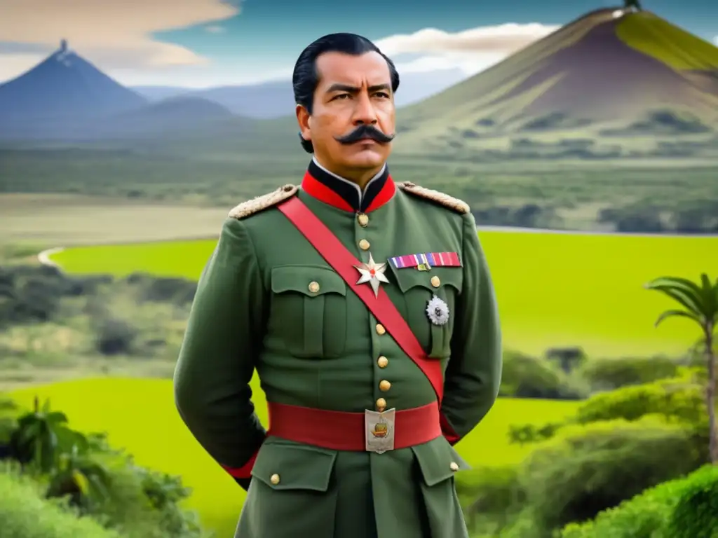 Retrato histórico de Pedro de Valdivia en uniforme militar, rodeado de paisaje verde y mapa de Sudamérica