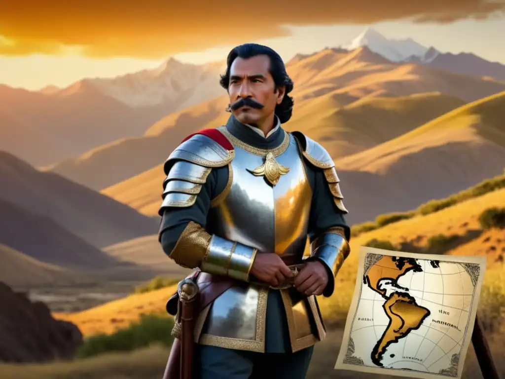 Pedro de Valdivia en armadura conquistadora, ante un mapa de Chile; los Andes montañosos y un atardecer dorado completan la escena