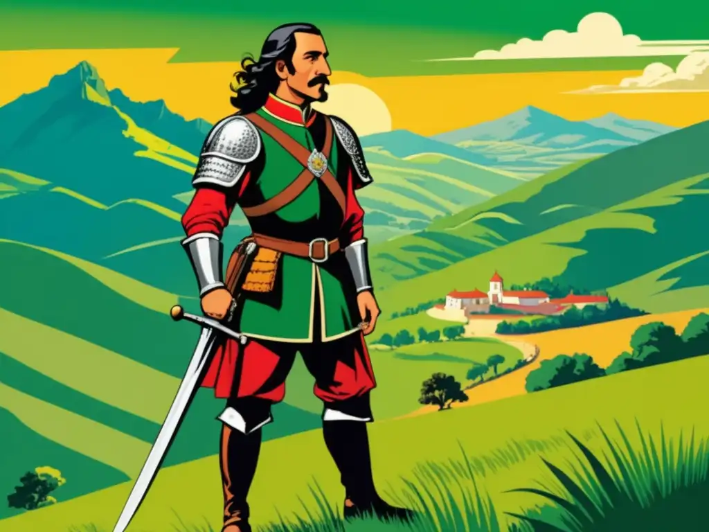 Ilustración vintage vibrante de Pedro de Valdivia en armadura conquistadora, mirando un paisaje verde y montañas majestuosas