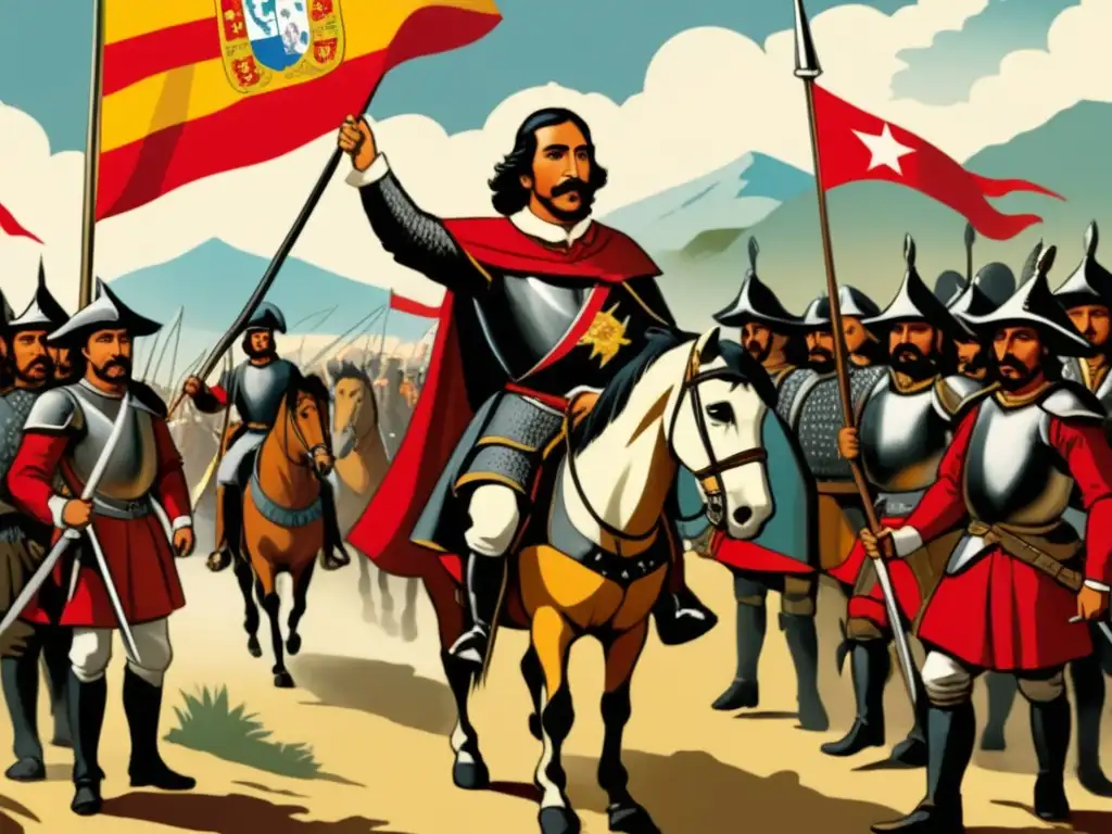 Ilustración vintage de Pedro de Valdivia liderando conquistadores españoles en su viaje a Chile -