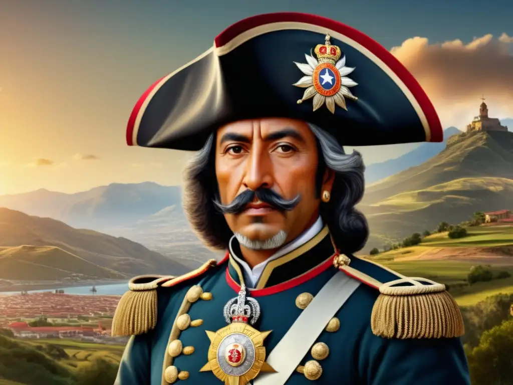 Retrato vintage de Pedro de Valdivia, conquistador español y fundador de Santiago, Chile, con uniforme militar y paisaje chileno