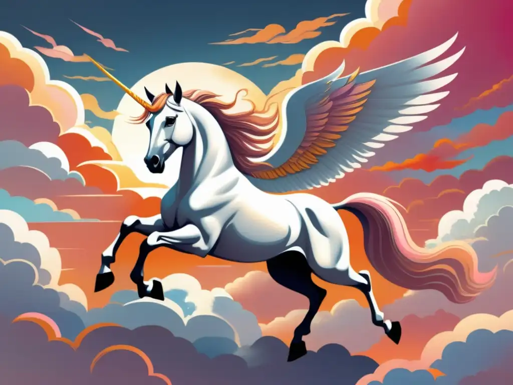 Ilustración vintage de Pegaso, el caballo alado de la mitología griega, surcando las nubes con majestuosa gracia - Mito de Pegaso