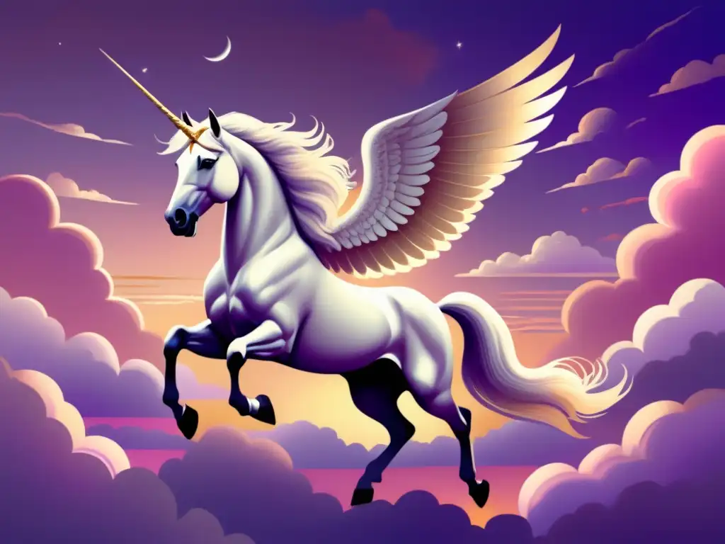 Ilustración vintage de Pegaso, el mítico caballo alado, surcando el cielo crepuscular bañado por la suave luz del atardecer