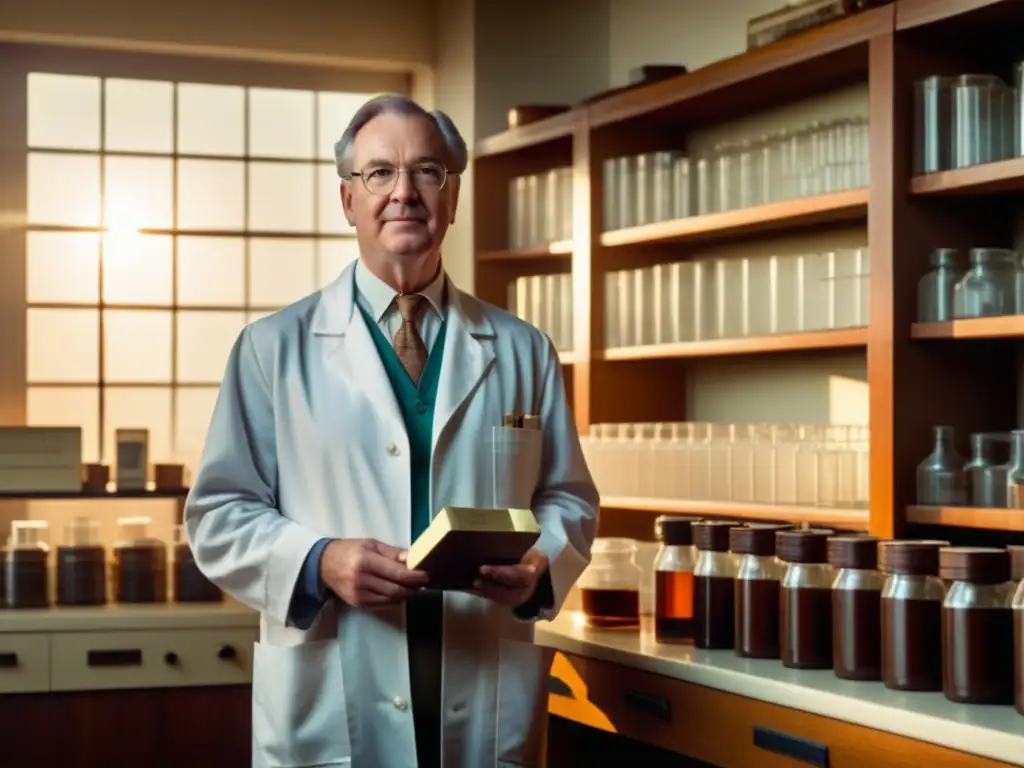 Inventor del microondas con un chocolate derretido en un laboratorio vintage