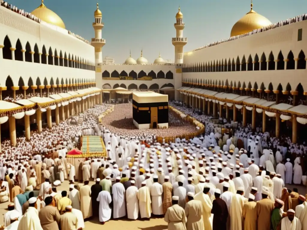 Descifrando el Viaje Espiritual del Hajj: Una Expedición a la Meca, fotografía vintage del animado mercado durante la peregrinación en Mecca