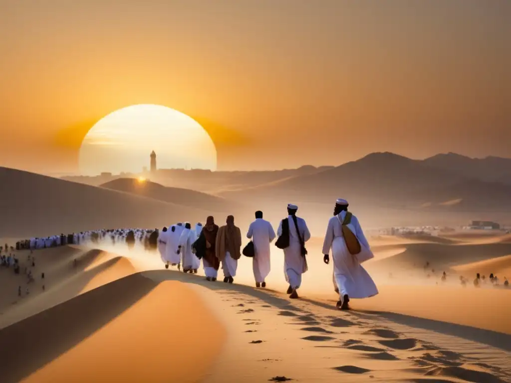 Rutas del Hajj: Caminos Inexplorados de la Fe Islámica - Peregrinos en una escena serena y espiritual caminando en la peregrinación sagrada