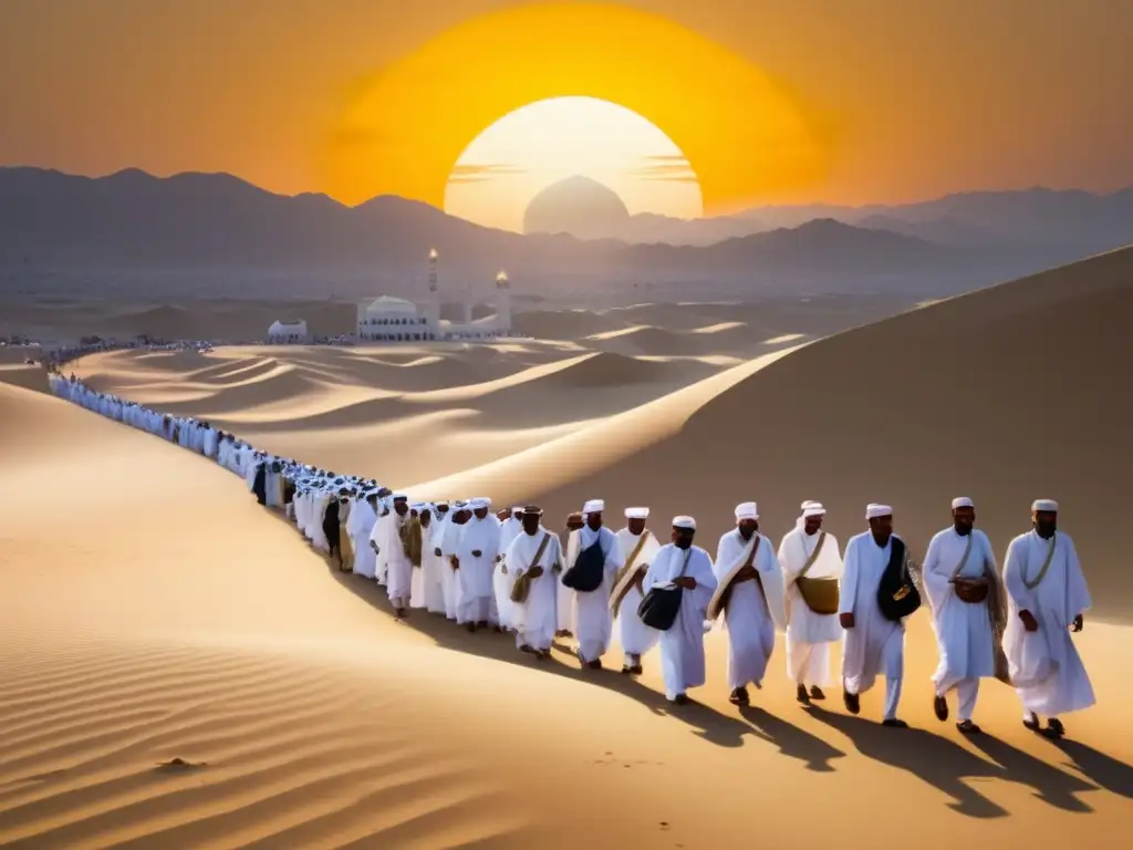 Peregrinaje Sagrado: Ruta del Hajj con peregrinos en el desierto, buscando iluminación espiritual