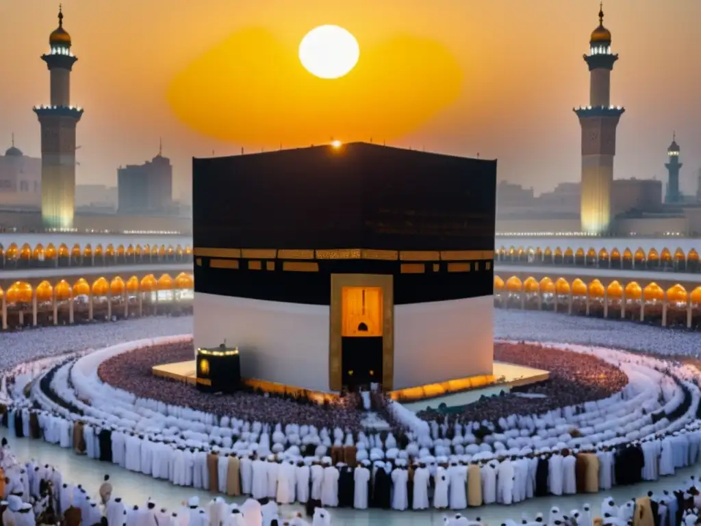 Descifrando el Viaje Espiritual del Hajj: Una Expedición a la Meca - Escena de peregrinos realizando Tawaf alrededor de la Kaaba