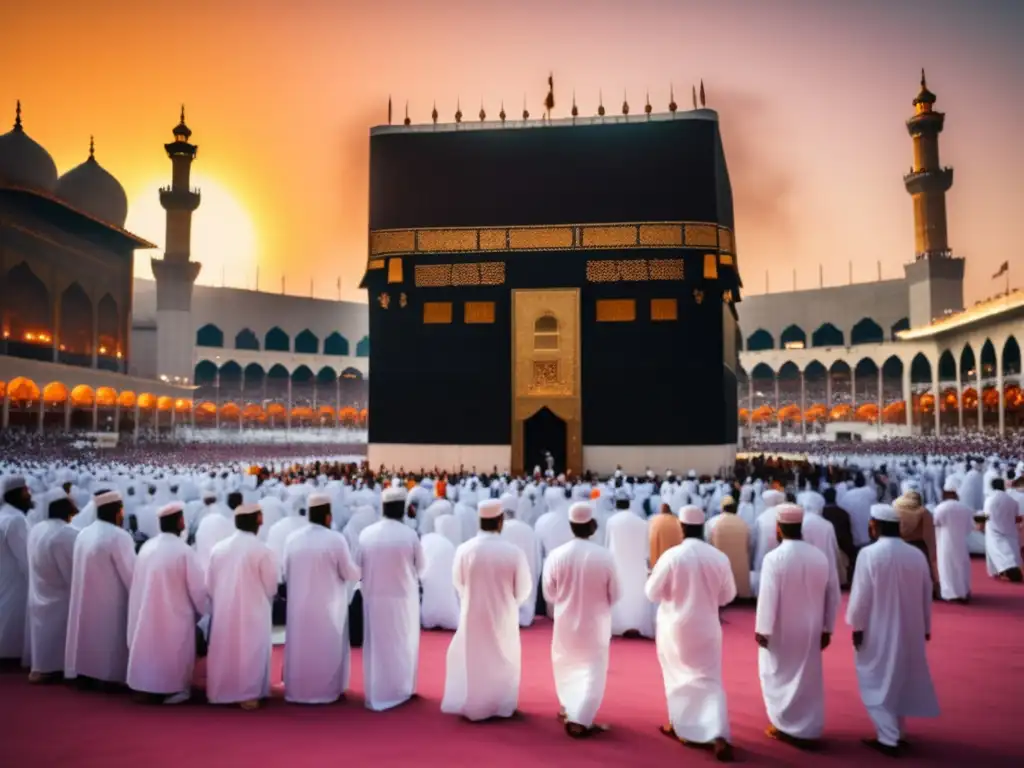 Grupo de peregrinos musulmanes frente a la Kaaba en Mecca, unidos en oración