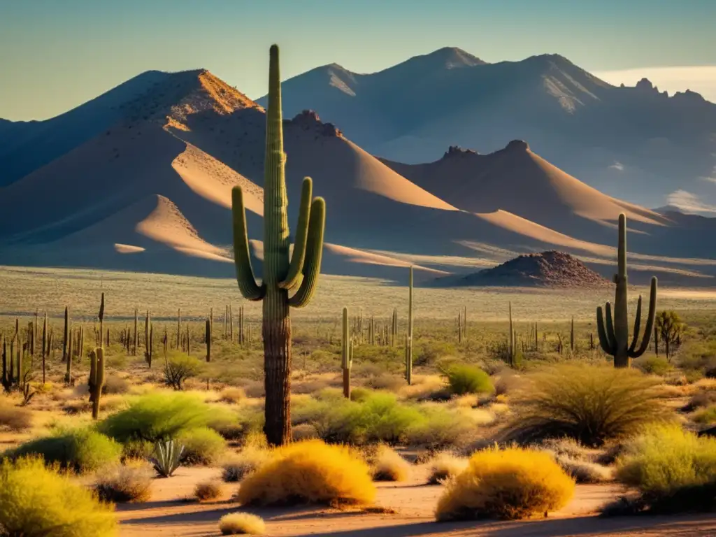 Desierto de los Pinacates: paisaje árido con formaciones volcánicas y vegetación escasa, iluminado por la cálida luz dorada del sol