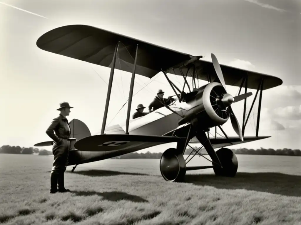 Los primeros intentos de vuelo Biplano vintage en un campo, aviadores inspeccionan avión y hangar, evoca espíritu pionero de navegación aérea