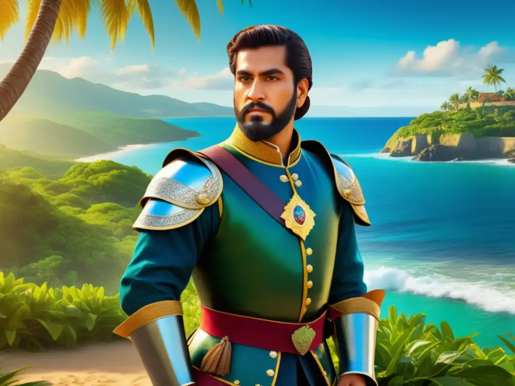 Conquistador Pizarro en paisaje vibrante, con mar azul y vestimenta tradicional