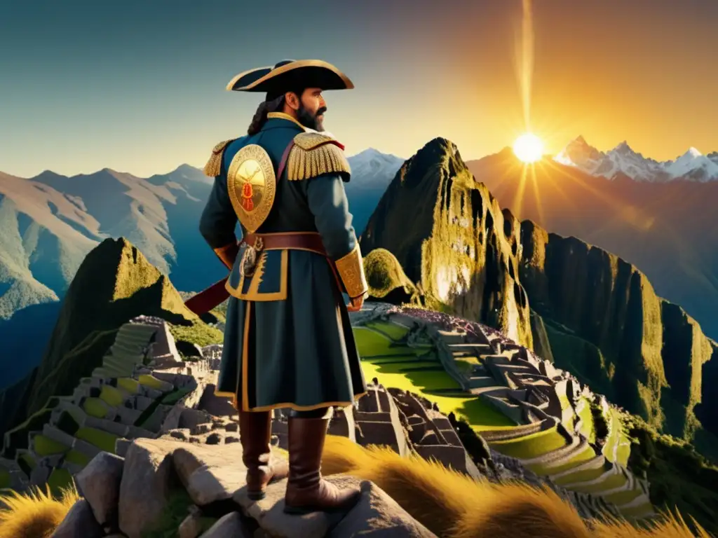 Conquista del imperio Inca: Pizarro en los Andes, mirando Cusco y el imperio en una imagen 8k detallada