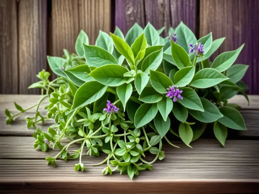 Invento del Velcro: Planta vintage con hojas verdes en forma de ganchos y flores delicadas en tonos púrpura, sobre mesa de madera envejecida