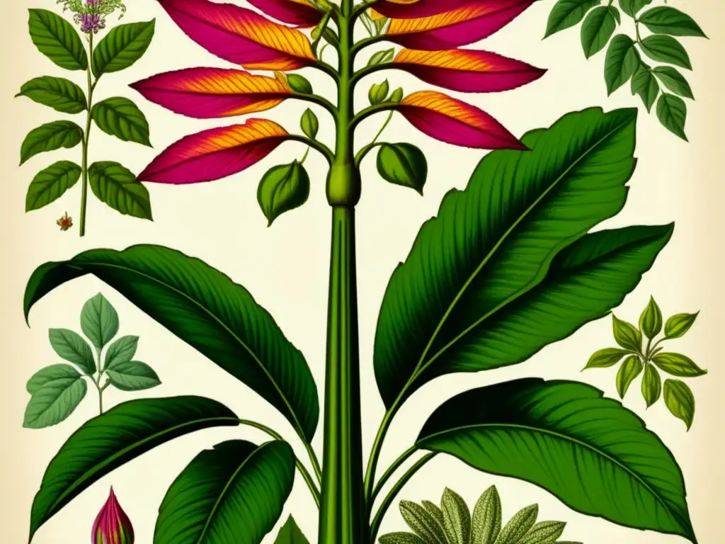 Ilustración botánica vintage de planta tropical con detalles meticulosos, inspirada en José Celestino Mutis