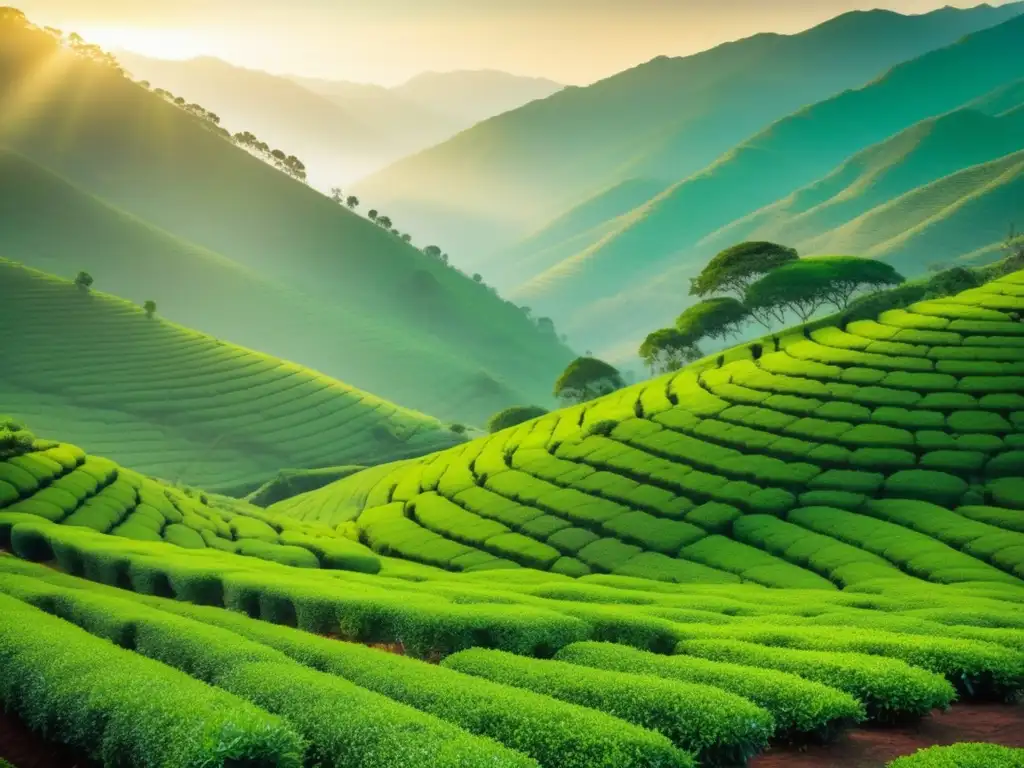 Plantación de té en la Ruta del Té: paisaje verde exuberante, niebla, recolectoras de té y tranquilidad