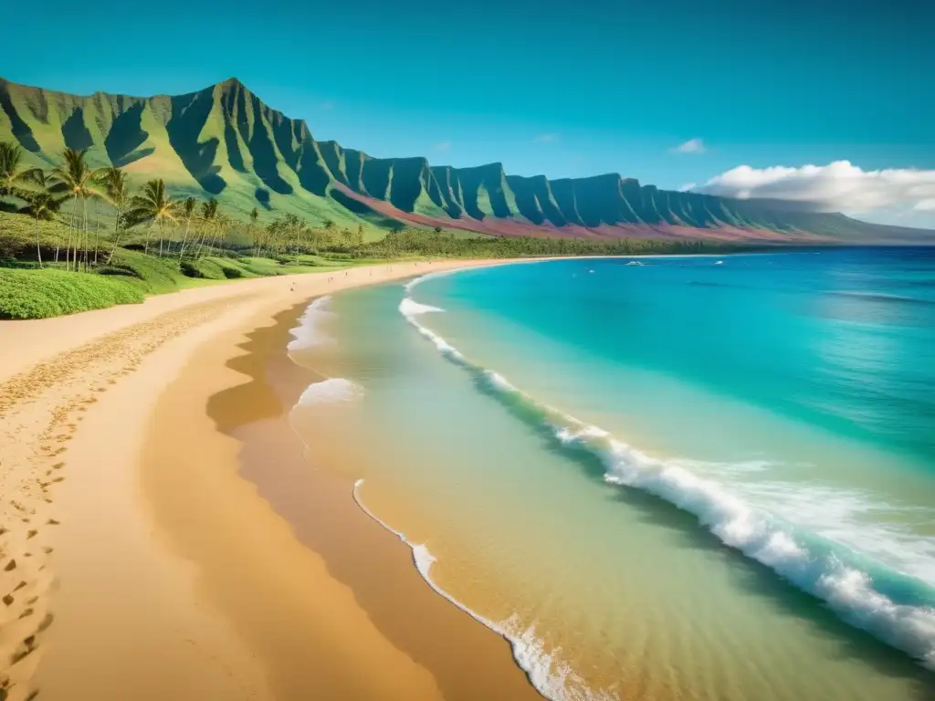 Hermosa playa en Hawaii: aguas cristalinas, arena dorada, palmeras y montañas volcánicas - Hawaii y sus enigmas: Un viaje a la cuna de la Polinesia