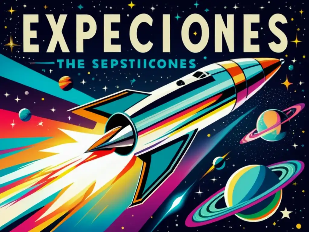 Poster vintage de exploración espacial con cohete futurista y estela de estrellas