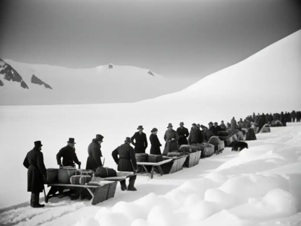 Preparativos de la expedición de Robert Falcon Scott a la Antártida con exploradores empacando suministros - Roald Amundsen