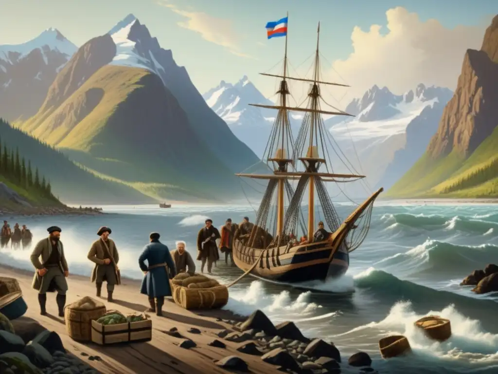 Colonización de Alaska: Settlers rusos llegando en barco, montañas y costa al fondo, indígenas observando