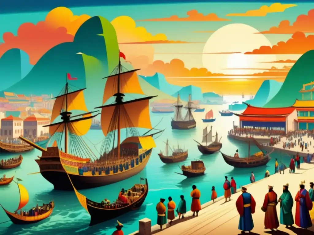 Ilustración vintage de Marco Polo en un vibrante puerto del lejano Oriente, rodeado de mercaderes, marineros y exóticos bienes