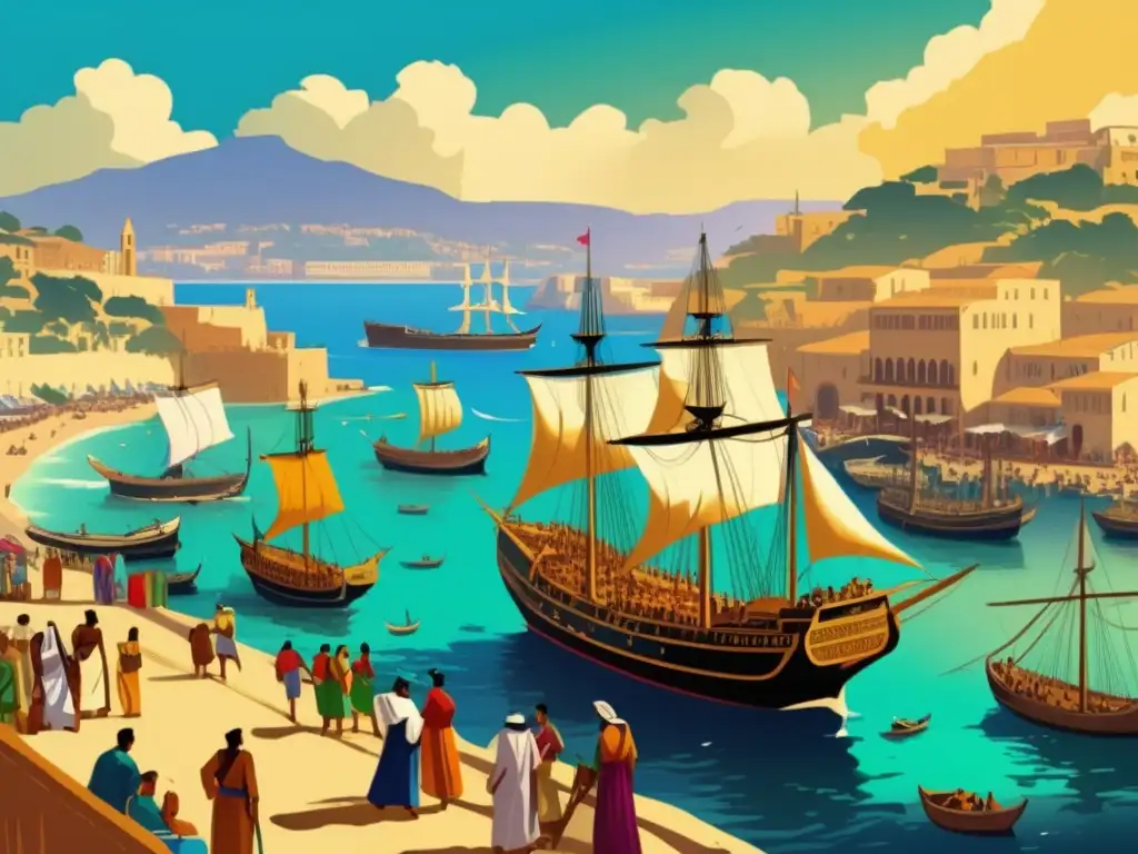 Ilustración vintage de un puerto fenicio en el Mediterráneo, con barcos altos, actividad comercial y arquitectura única